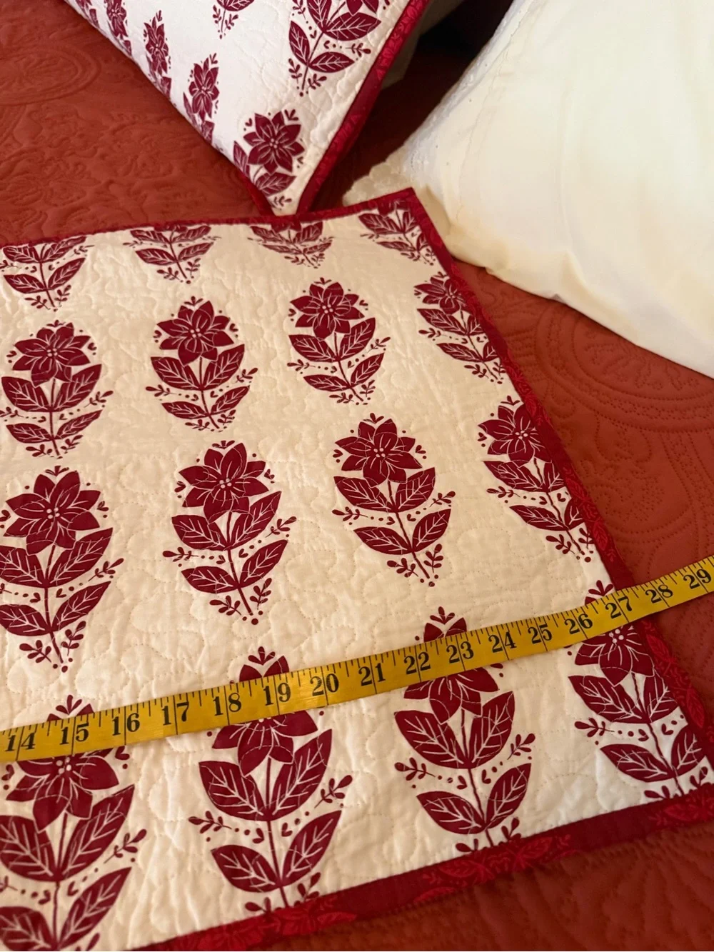 St. Nicholas Square Poinsettia Quilted Pillow Shams Red Cream Cottage Christmas